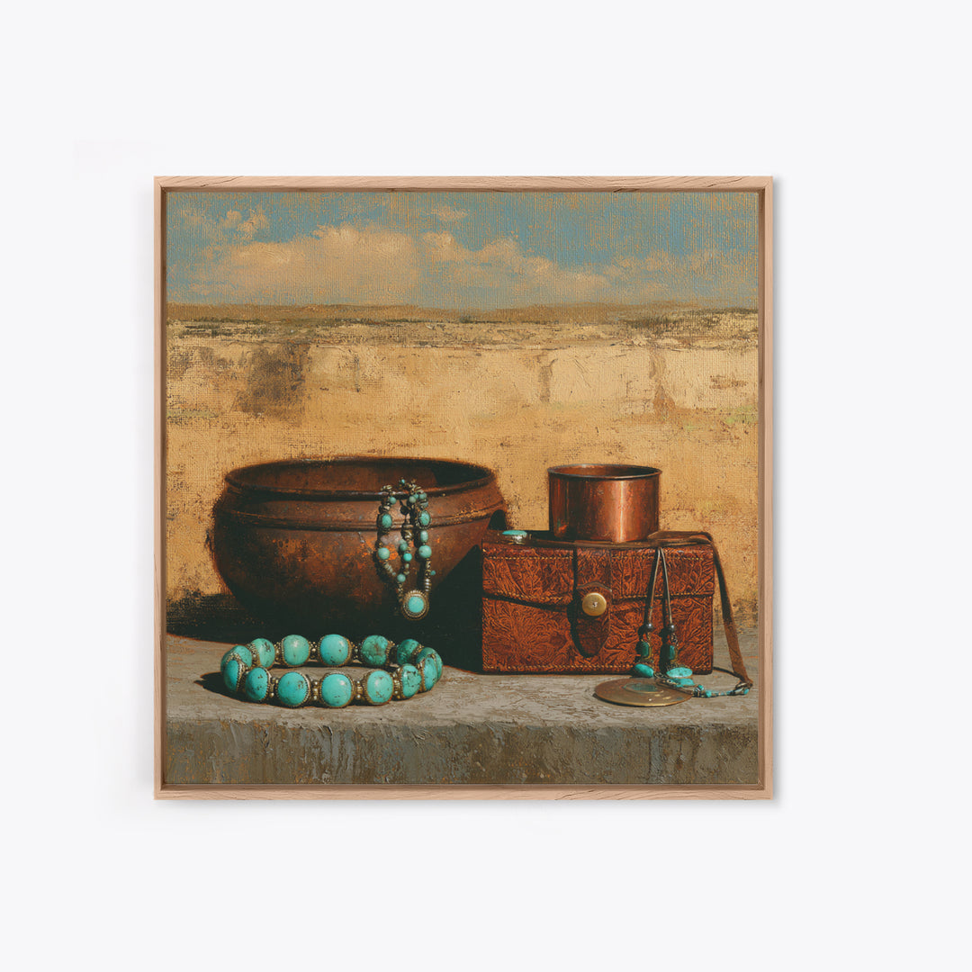 Turquoise Jewelry and Leather Still Life Framed Canvas Print, Southwestern Art, Luxury Decor, Southwestern Decor, Mesa, SOU-1x1-83