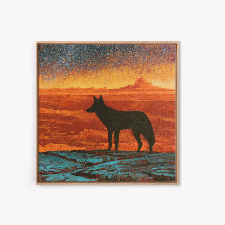 Coyote Silhouette Beneath Starry Sky Canvas Print, Southwestern Art, Art Print, Southwestern Decor, Watercolor Art, Mesa, SOU-1x1-87