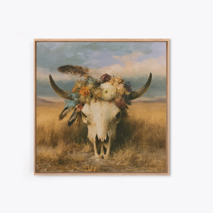 Cow Skull with Desert Flowers and Feathers Canvas Print, Southwestern Art, Wall Decor, Southwestern Decor, Oil Painting, Mesa, SOU-1x1-99