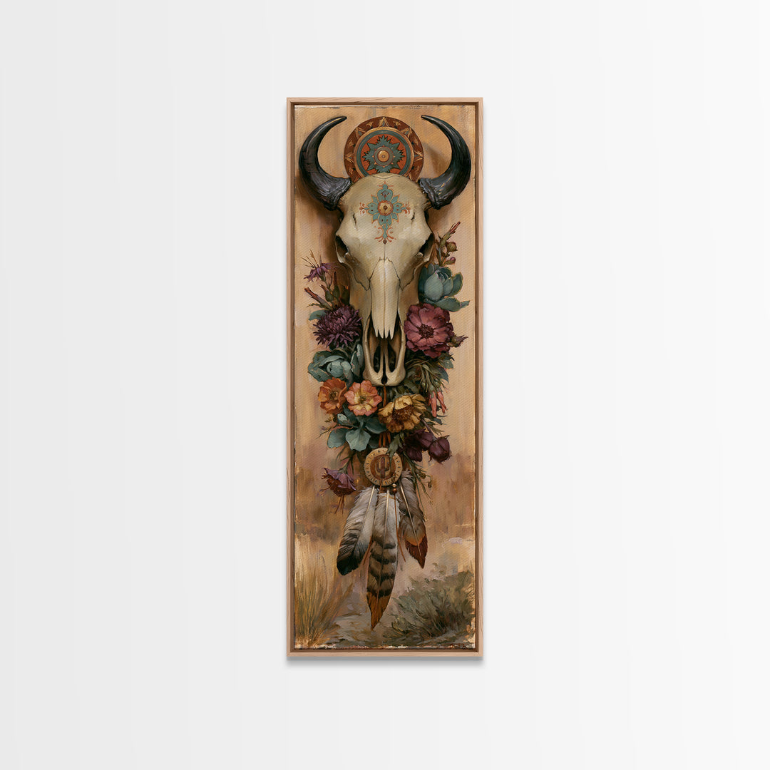 Cow Skull with Desert Flowers and Feathers Framed Canvas Print, Southwestern Art, Printable Art, Southwestern Decor, Mesa, SOU-1x3-15