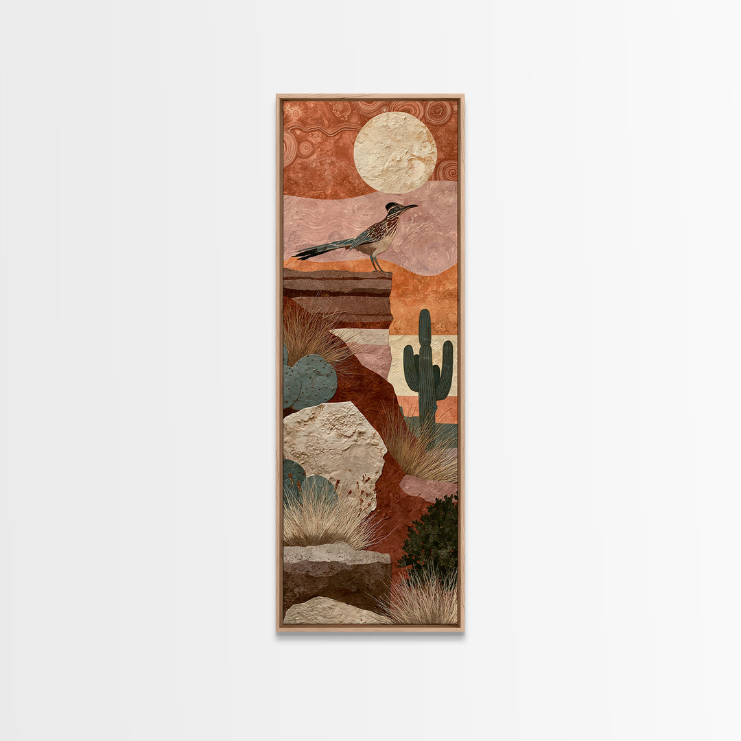 Roadrunner under a Pale Desert Moon Framed Canvas Print, Southwestern Art, Art, Southwestern Decor, Mesa, Boho Wall Decor, SOU-1x3-20