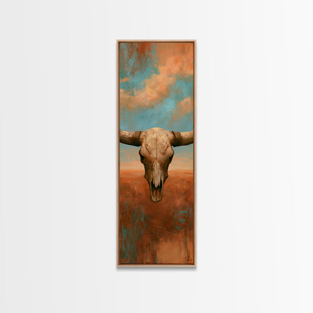Sun Bleached Longhorn Skull Still Life Framed Canvas Print, Southwestern Art, Wall Art, Southwestern Decor, Oil Painting, Mesa, SOU-1x3-69