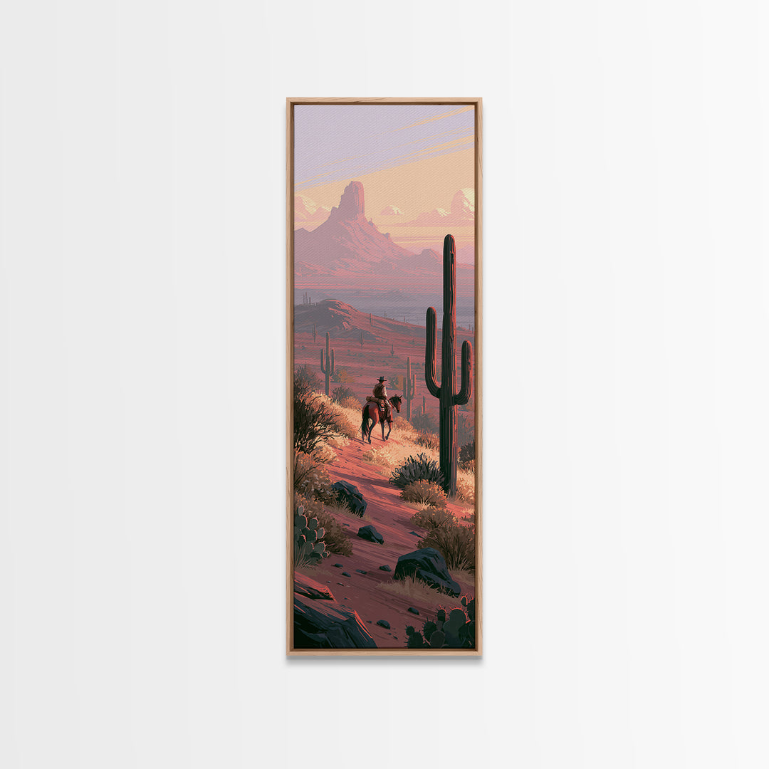 Horse Rider Crossing Desert at Dusk Framed Canvas Print, Southwestern Art, Western Art, Southwestern Decor, Oil Painting, Mesa, SOU-1x3-79