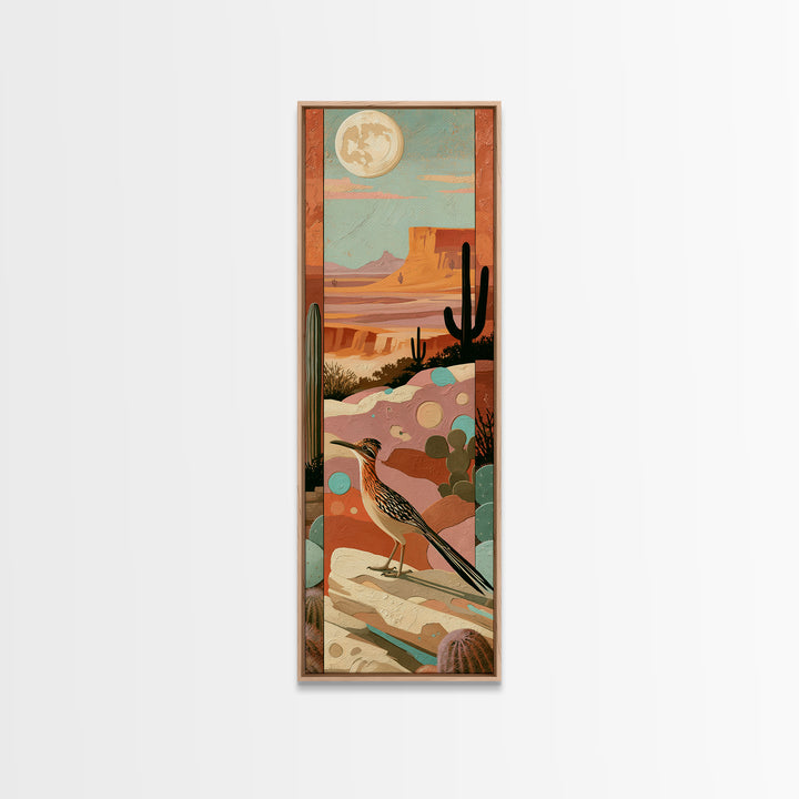 Roadrunner under a Pale Desert Moon Framed Canvas Print, Southwestern Art, Mexican Folk Art, Southwestern Decor, Watercolor Art, SOU-1x3-92
