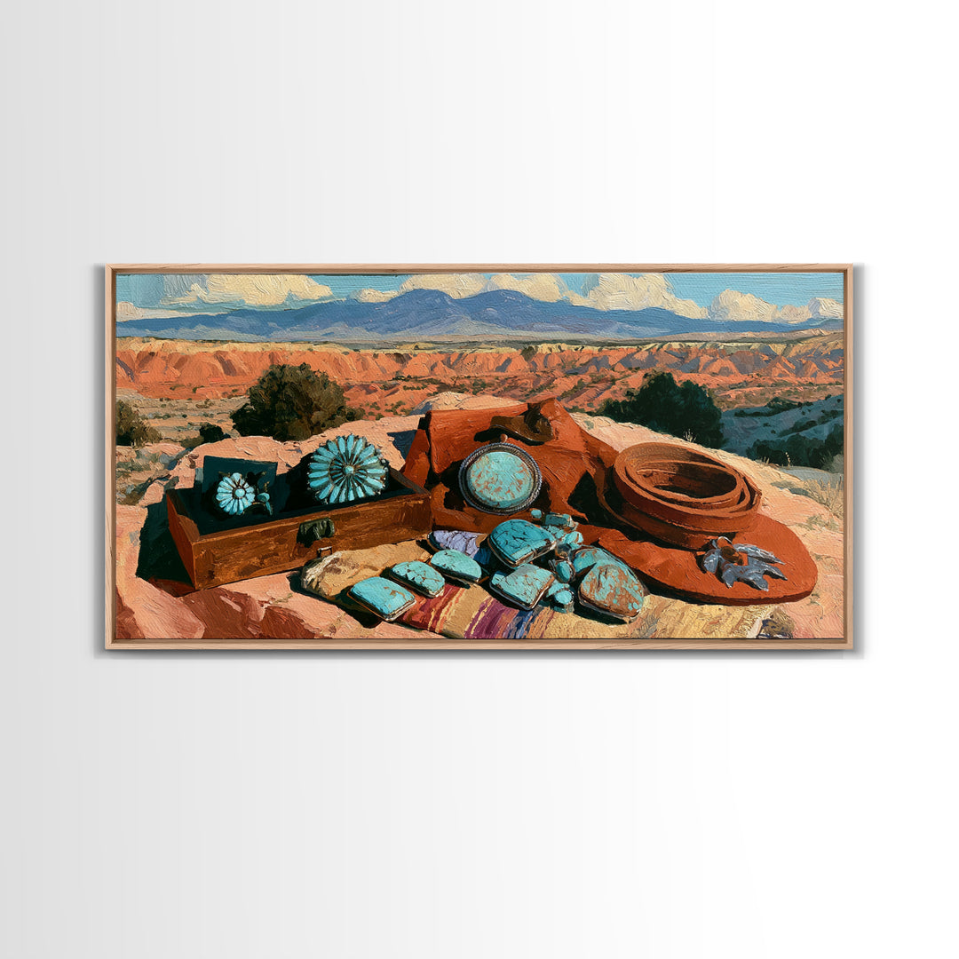 Turquoise Jewelry and Leather Still Life Canvas Print, Southwestern Art, Prints Wall Art, Southwestern Decor, Fine Art, Mesa, SOU-2x1-31