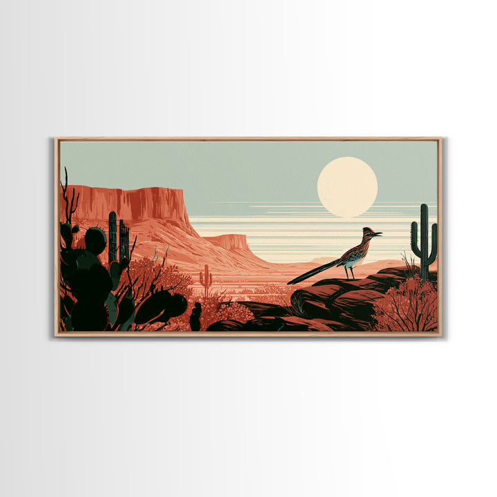 Roadrunner under a Pale Desert Moon Canvas Print, Southwestern Art, Luxury Decor, Southwestern Decor, Oil Painting, Mesa, SOU-2x1-4