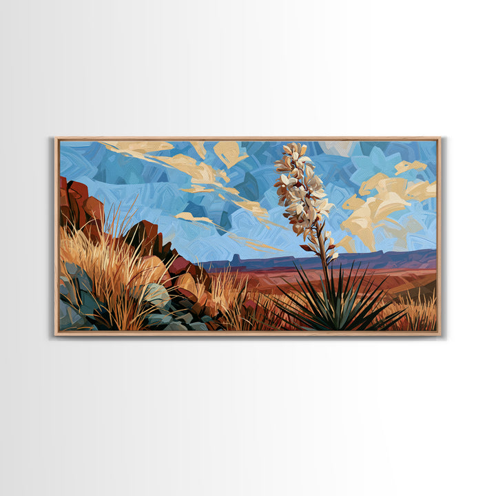 Yucca Blooms Against Clear Blue Sky Framed Canvas Print, Southwestern Art, Art, Southwestern Decor, Mesa, Boho Wall Decor, SOU-2x1-40