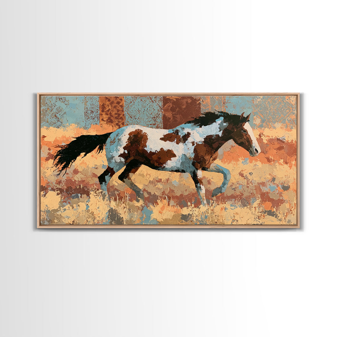 Wild Mustang Running Through Dusty Canyon Framed Canvas Print, Southwestern Art, Southwestern Decor, Oil Painting, Mesa, SOU-2x1-50