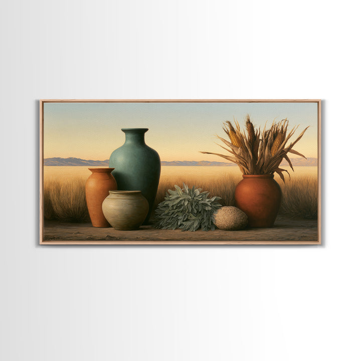 Pueblo Pottery Still Life Framed Canvas Print, Southwestern Art, Gallery Decor, Southwestern Decor, Fine Art, Mesa, Wall Art, SOU-2x1-67