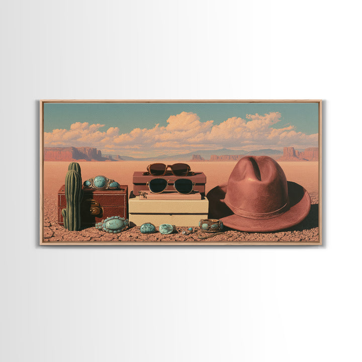 Turquoise Jewelry and Leather Still Life Framed Canvas Print, Southwestern Art, Printable Wall Art, Southwestern Decor, Mesa, SOU-2x1-7