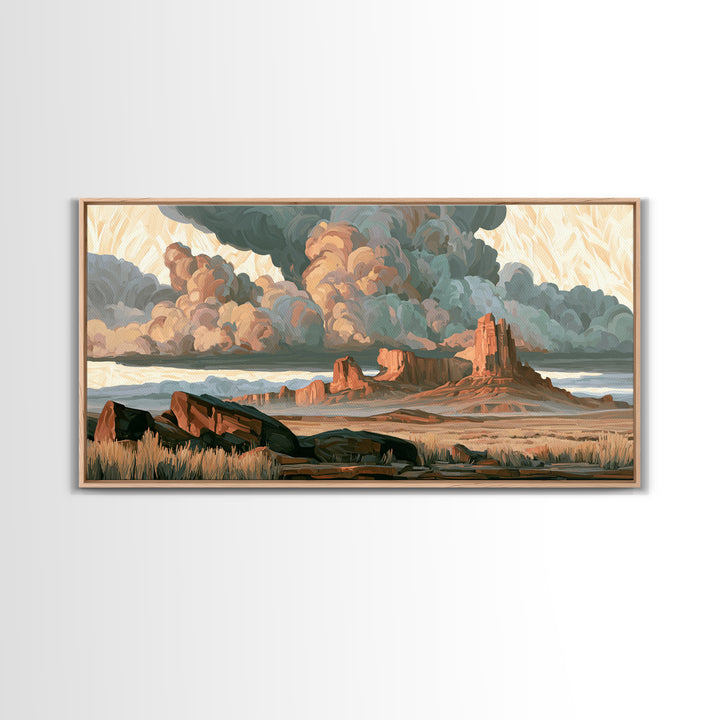 Desert Storm Clouds Framed Canvas Print, Southwestern Art, Tapestry Wall Art, Southwestern Decor, Oil Painting, Mesa, SOU-2x1-80