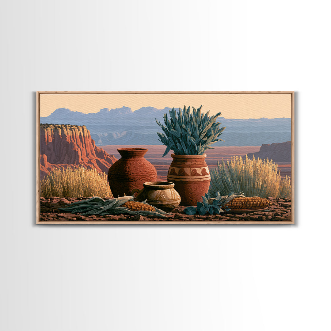 Pueblo Pottery Still Life Framed Canvas Print, Southwestern Art, Prints Wall Art, Southwestern Decor, Fine Art, Mesa, SOU-2x1-91