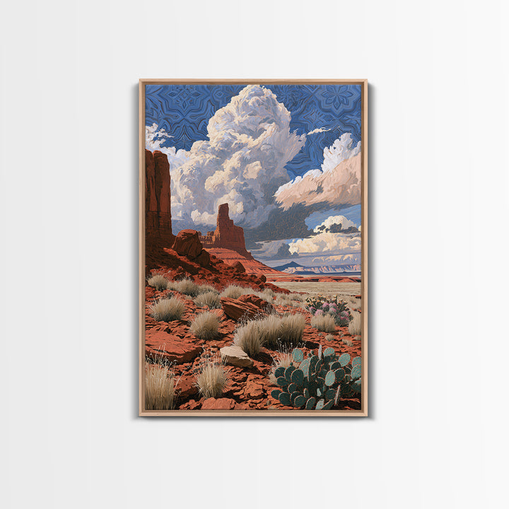 Desert Storm Clouds Framed Canvas Print, Southwestern Art, Boho Wall Decor, Southwestern Decor, Mesa, Antique Oil Painting, SOU-2x3-20