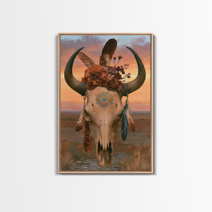 Cow Skull with Desert Flowers and Feathers Canvas Print, Southwestern Art, Southwestern Decor, Watercolor Art, Mesa, SOU-2x3-35