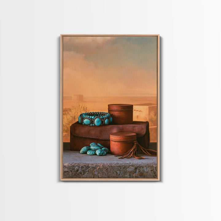 Turquoise Jewelry and Leather Still Life Framed Canvas Print, Southwestern Art, Prints Wall Art, Southwestern Decor, Mesa, SOU-2x3-43