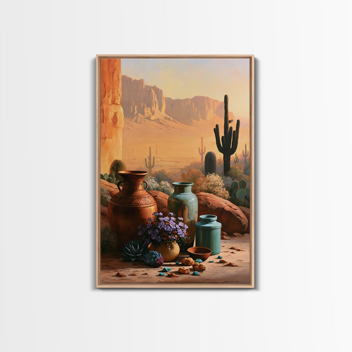 Painted Pottery and Desert Wildflowers Canvas Print, Southwestern Art, Western Wall Art, Southwestern Decor, Watercolor Art, SOU-2x3-96