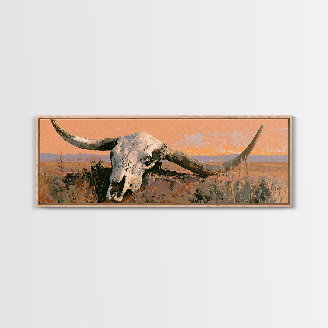 Sun Bleached Longhorn Skull Still Life Framed Canvas Print, Southwestern Art, Landscape Painting, Southwestern Decor, Mesa, SOU-3x1-1