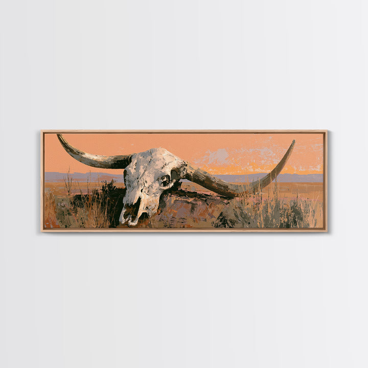 Sun Bleached Longhorn Skull Still Life Framed Canvas Print, Southwestern Art, Landscape Painting, Southwestern Decor, Mesa, SOU-3x1-1