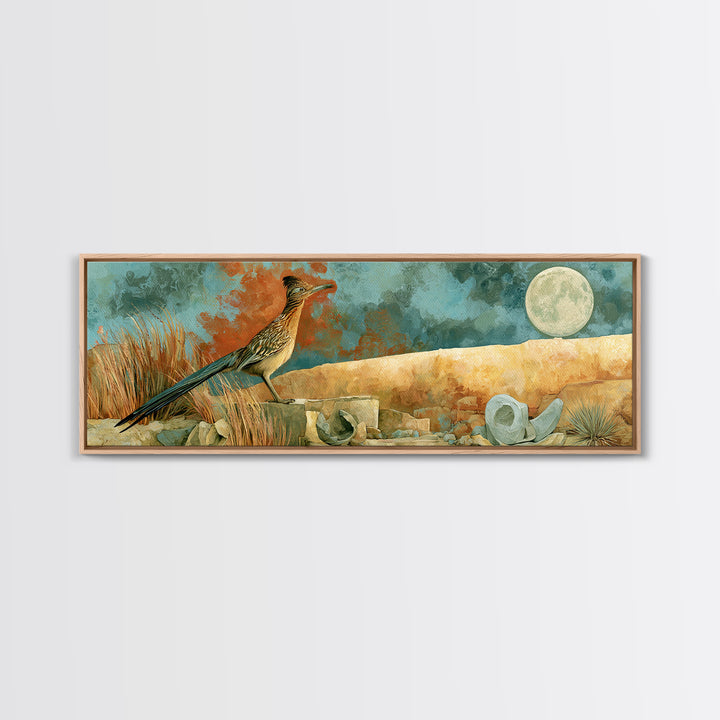 Roadrunner under a Pale Desert Moon Canvas Print, Southwestern Art, Antique Oil Painting, Southwestern Decor, Fine Art, Mesa, SOU-3x1-24