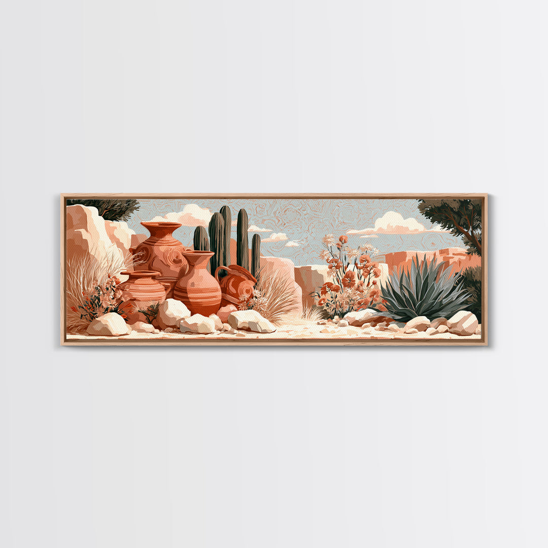 Painted Pottery and Desert Wildflowers Framed Canvas Print, Southwestern Art, Rustic Home Decor, Southwestern Decor, Mesa, SOU-3x1-32