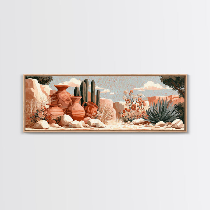 Painted Pottery and Desert Wildflowers Framed Canvas Print, Southwestern Art, Rustic Home Decor, Southwestern Decor, Mesa, SOU-3x1-32