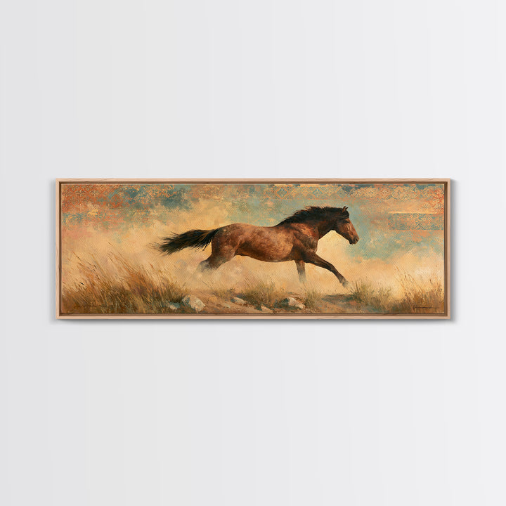 Wild Mustang Running Through Dusty Canyon Canvas Print, Southwestern Art, Landscape Painting, Southwestern Decor, SOU-3x1-46