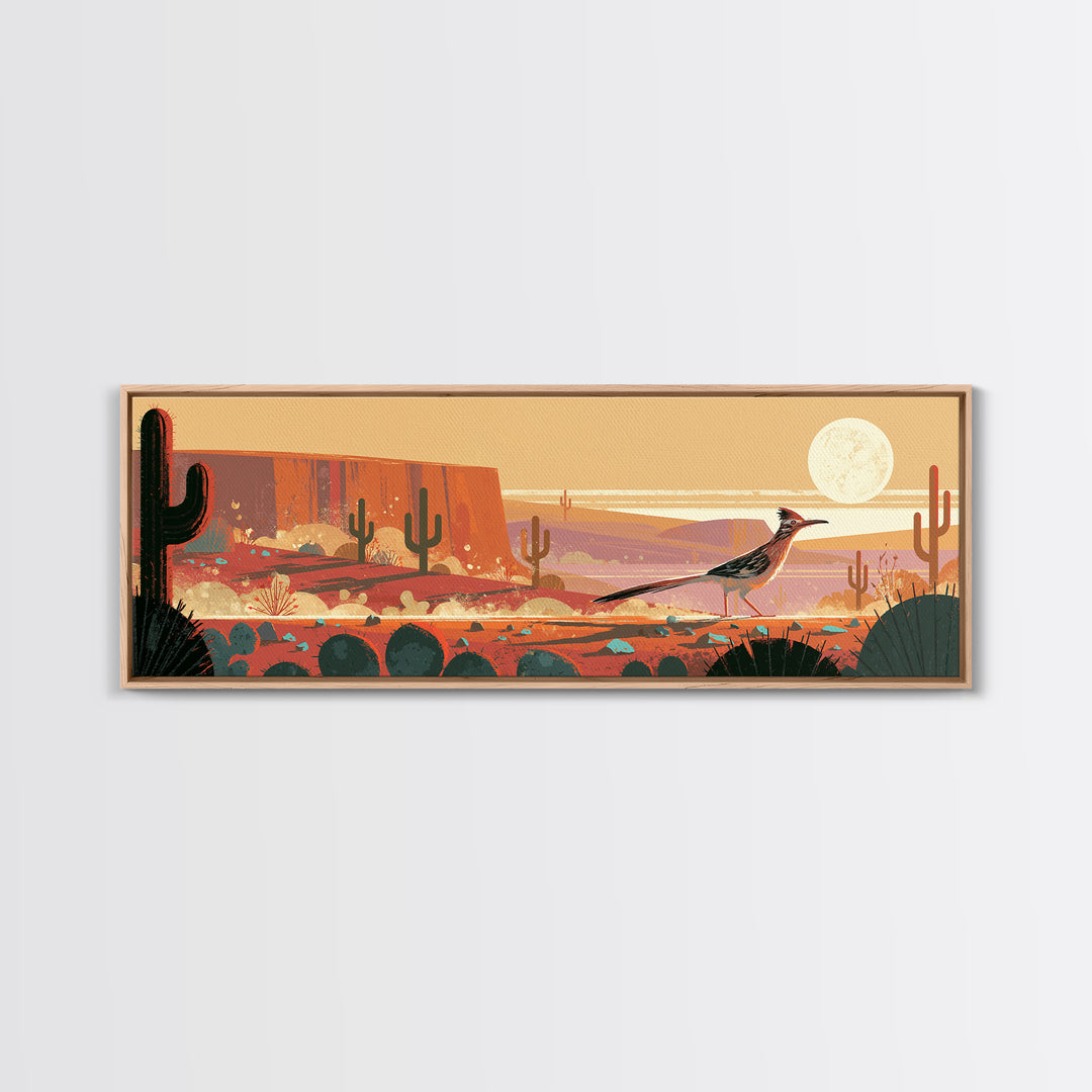 Roadrunner under a Pale Desert Moon Canvas Print, Southwestern Art, Textured Painting, Southwestern Decor, Watercolor Art, Mesa, SOU-3x1-48