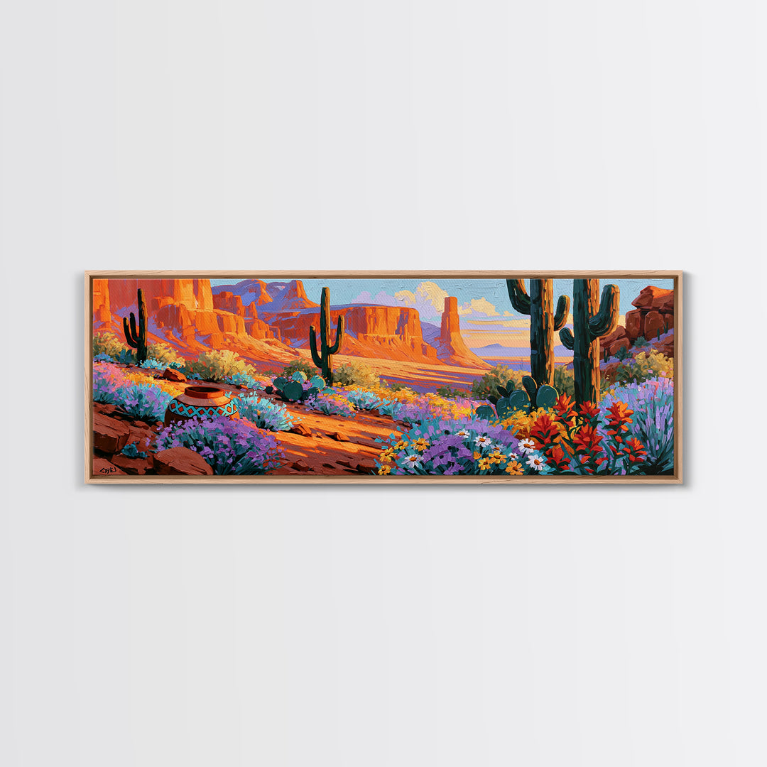 Painted Pottery and Desert Wildflowers Framed Canvas Print, Southwestern Art, Minimalist Decor, Southwestern Decor, SOU-3x1-56