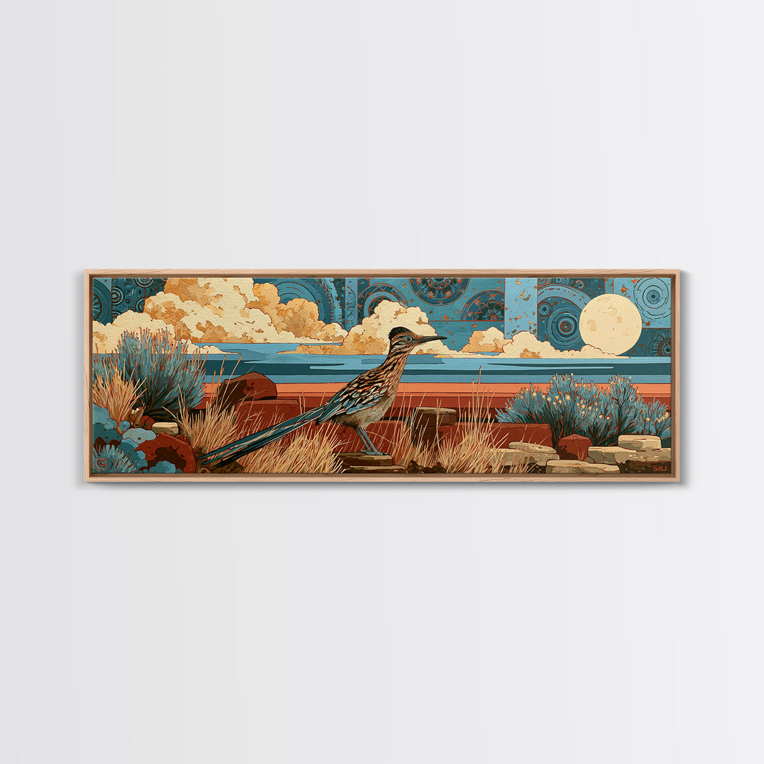 Roadrunner under a Pale Desert Moon Framed Canvas Print, Southwestern Art, Art, Southwestern Decor, Mesa, Boho Wall Decor, SOU-3x1-72