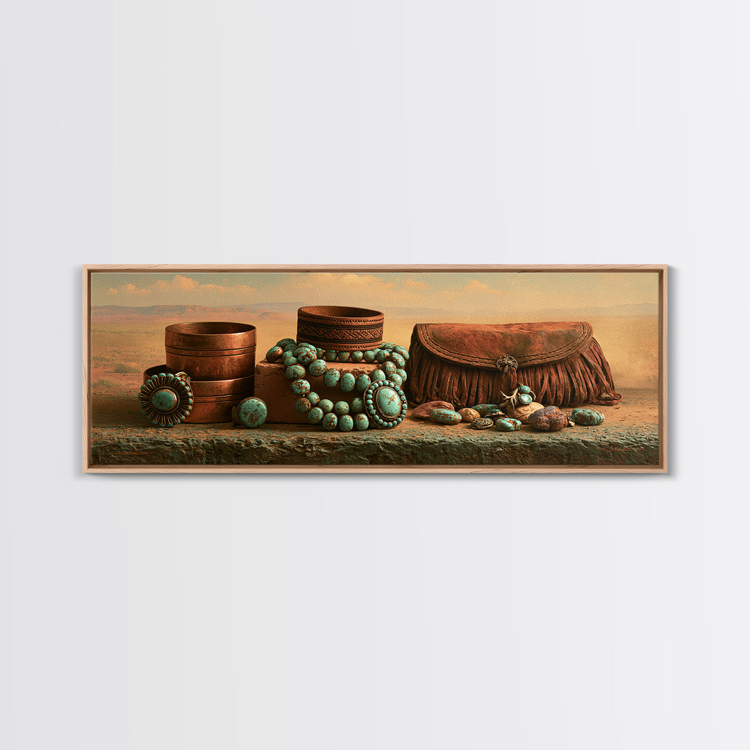 Turquoise Jewelry and Leather Still Life Framed Canvas Print, Southwestern Art, Digital Wall Art, Southwestern Decor, Mesa, SOU-3x1-99