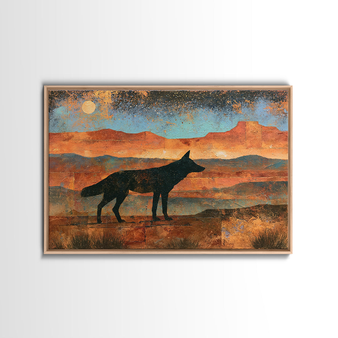 Coyote Silhouette Beneath Starry Sky Framed Canvas Print, Southwestern Art, Statement Artwork, Southwestern Decor, Mesa, SOU-3x2-19