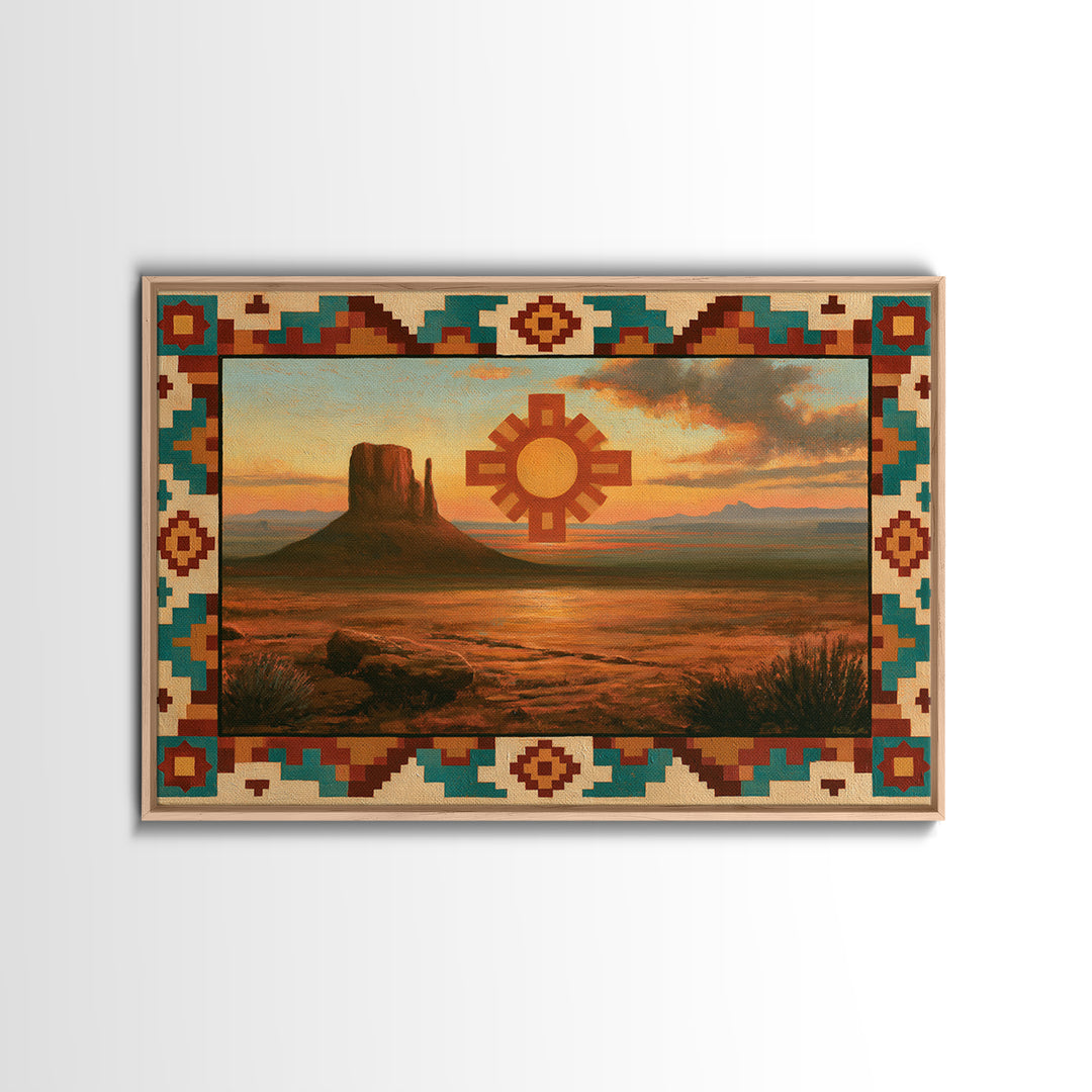 Sun Symbol with Geometric Southwest Border Framed Canvas Print, Southwestern Art, Western Home Decor, Southwestern Decor, Mesa, SOU-3x2-25