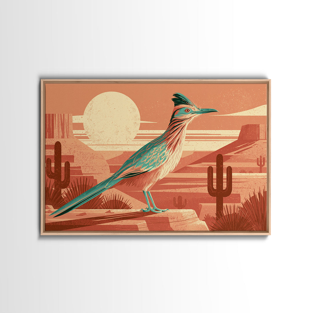 Roadrunner under a Pale Desert Moon Framed Canvas Print, Southwestern Art, Antique Oil Painting, Southwestern Decor, Mesa, SOU-3x2-36