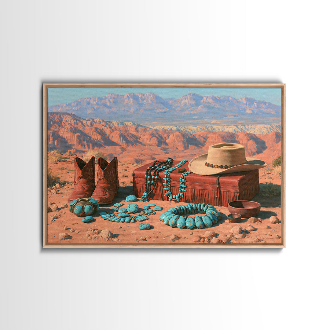 Turquoise Jewelry and Leather Still Life Framed Canvas Print, Southwestern Art, Landscape Art, Southwestern Decor, Mesa, SOU-3x2-63