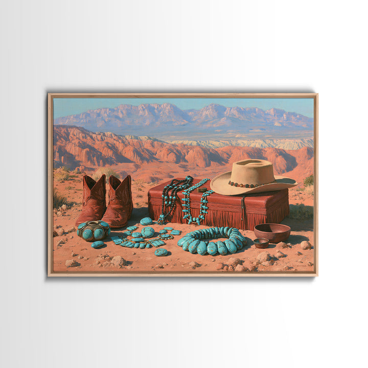 Turquoise Jewelry and Leather Still Life Framed Canvas Print, Southwestern Art, Landscape Art, Southwestern Decor, Mesa, SOU-3x2-63