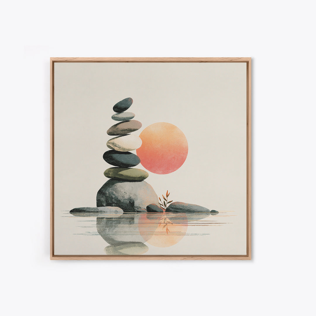 Stacked Stones Beside Calm Water Framed Canvas Print, Spa Art, Modern Decor, Spa Decor, Fine Art, Serenity, Wall Decor, SPA-1x1-1