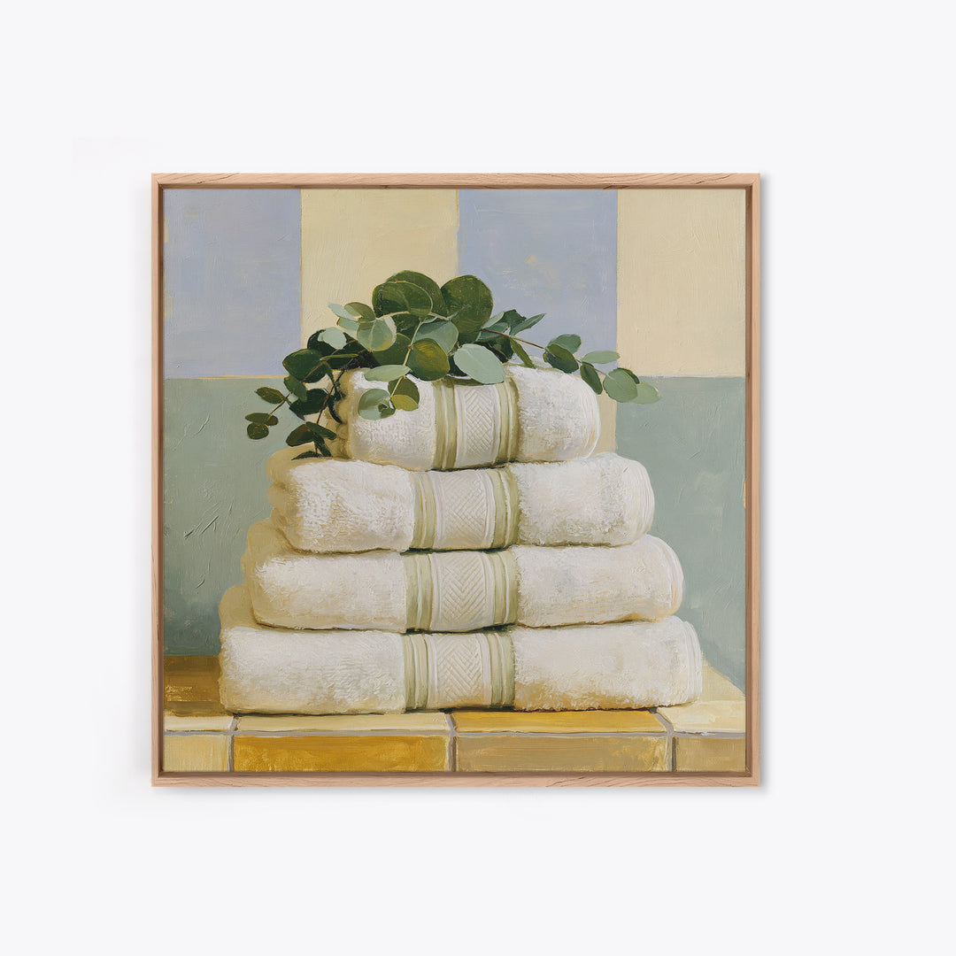 White Towels and Eucalyptus Without Room Context Framed Canvas Print, Spa Art, City Art, Spa Decor, Watercolor Art, Serenity, SPA-1x1-24