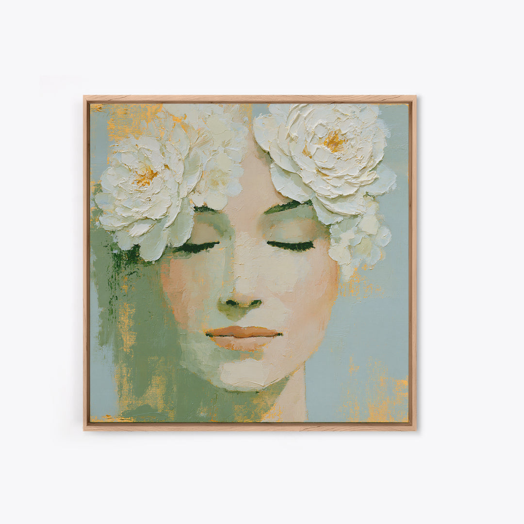 Minimal Face with Closed Eyes and Flowers Framed Canvas Print, Spa Art, Dog Groomer Gifts, Spa Decor, Fine Art, Serenity, SPA-1x1-43