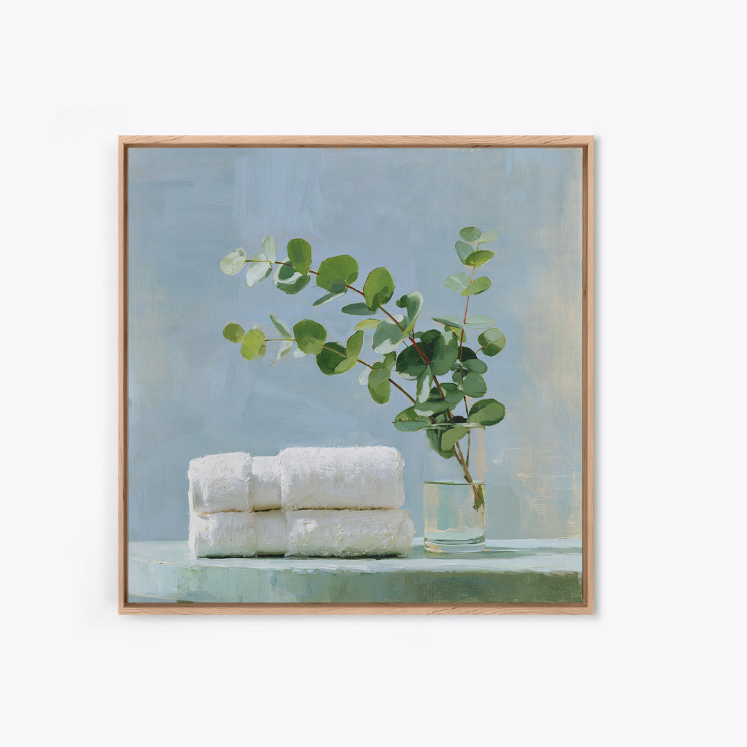 White Towels and Eucalyptus Without Room Context Framed Canvas Print, Spa Art, Wall Decor, Spa Decor, Fine Art, Serenity, SPA-1x1-48