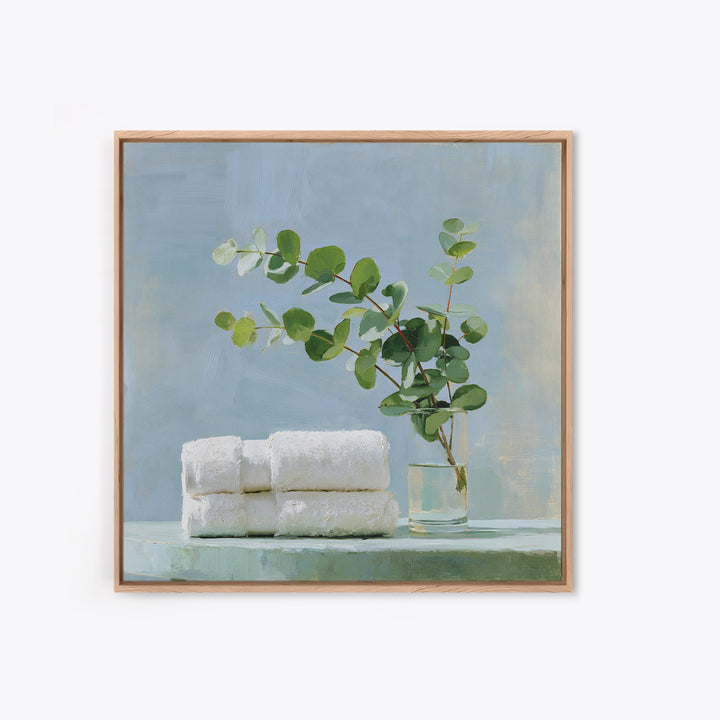 White Towels and Eucalyptus Without Room Context Framed Canvas Print, Spa Art, Wall Decor, Spa Decor, Fine Art, Serenity, SPA-1x1-48