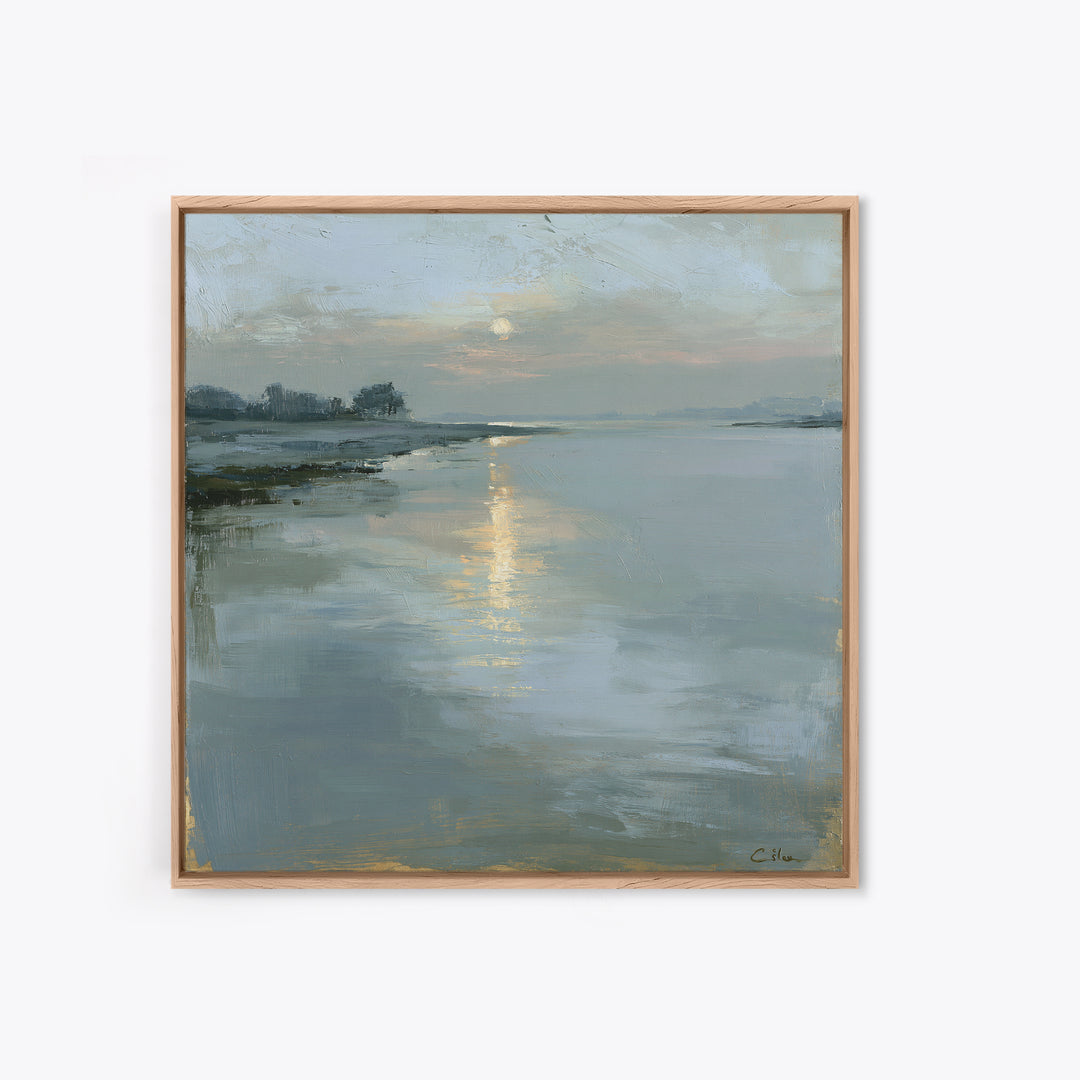 Moonlit Lake Reflection Framed Canvas Print, Spa Art, Tarot Card Art, Spa Decor, Fine Art, Serenity, Textured Painting, SPA-1x1-71