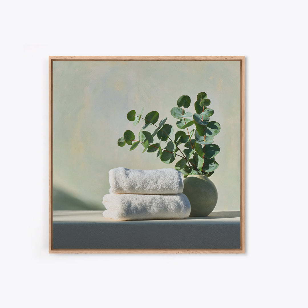 White Towels and Eucalyptus Without Room Context Framed Canvas Print, Spa Art, Wall Art Print, Spa Decor, Fine Art, Serenity, SPA-1x1-96