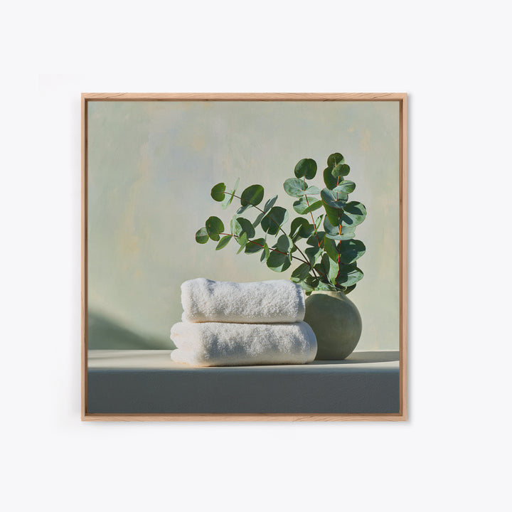 White Towels and Eucalyptus Without Room Context Framed Canvas Print, Spa Art, Wall Art Print, Spa Decor, Fine Art, Serenity, SPA-1x1-96