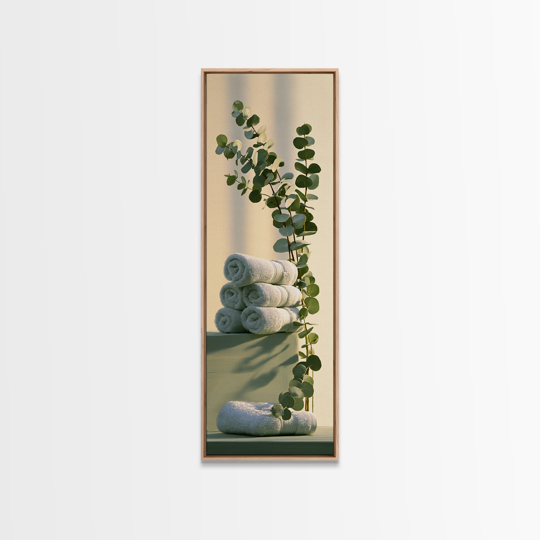 White Towels and Eucalyptus Without Room Context Canvas Print, Spa Art, Wall Art, Spa Decor, Oil Painting, Serenity, SPA-1x3-12