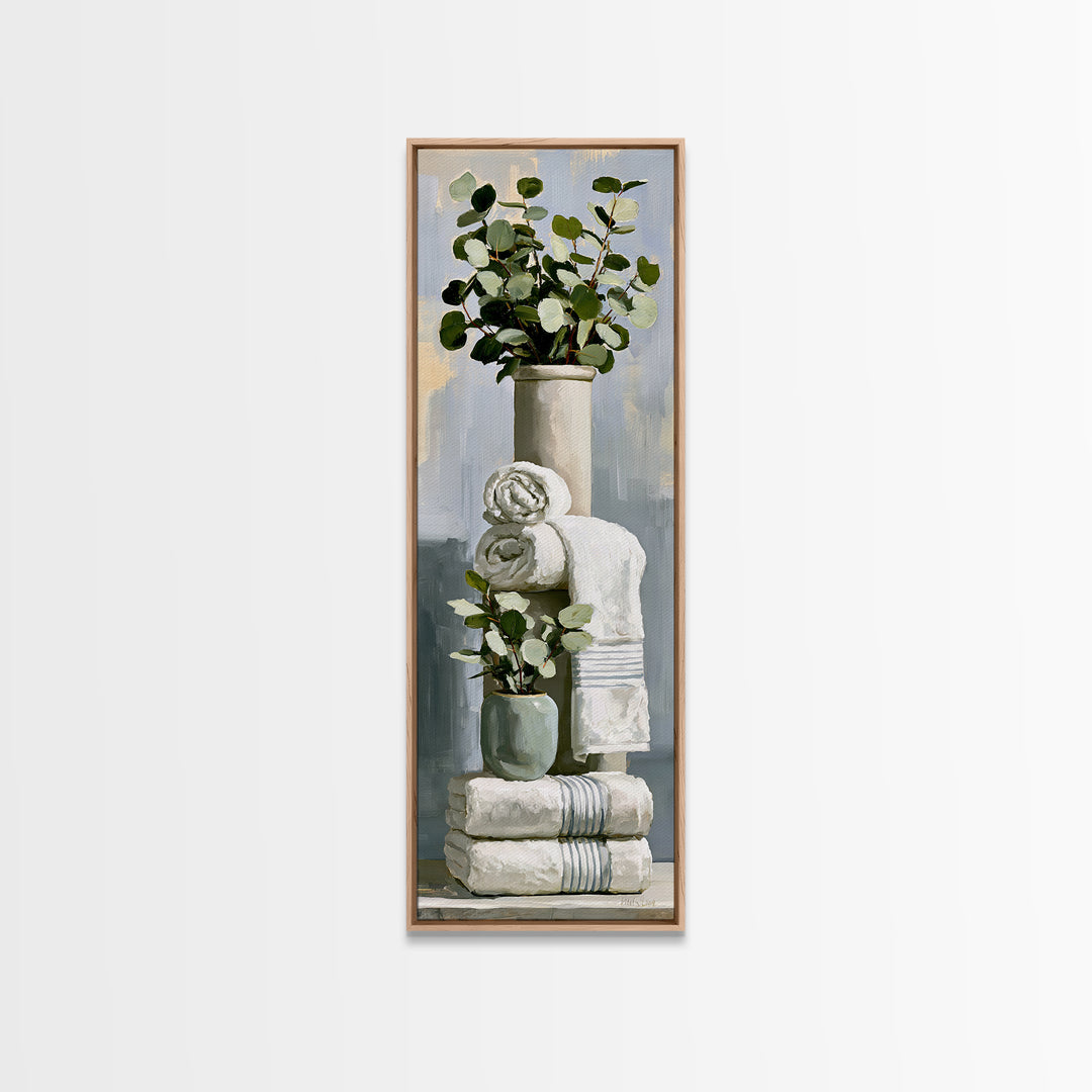 White Towels and Eucalyptus Without Room Context Framed Canvas Print, Spa Art, Wall Art Print, Spa Decor, Fine Art, Serenity, SPA-1x3-36