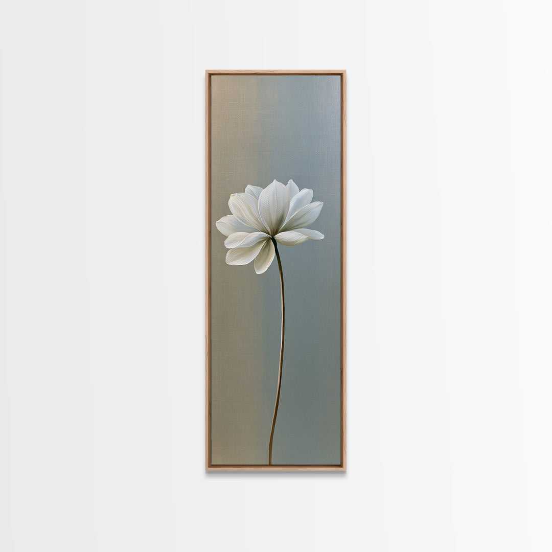 Single White Flower on Linen Ground Framed Canvas Print, Spa Art, Room Decor, Spa Decor, Fine Art, Serenity, Nature Prints, SPA-1x3-53