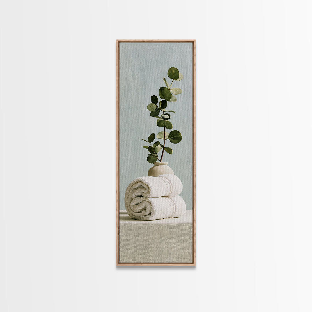White Towels and Eucalyptus Without Room Context Framed Canvas Print, Spa Art, Fine Art Photography, Spa Decor, Serenity, SPA-1x3-84