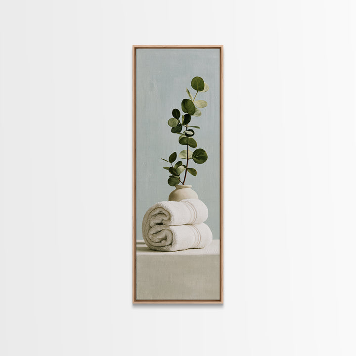 White Towels and Eucalyptus Without Room Context Framed Canvas Print, Spa Art, Fine Art Photography, Spa Decor, Serenity, SPA-1x3-84