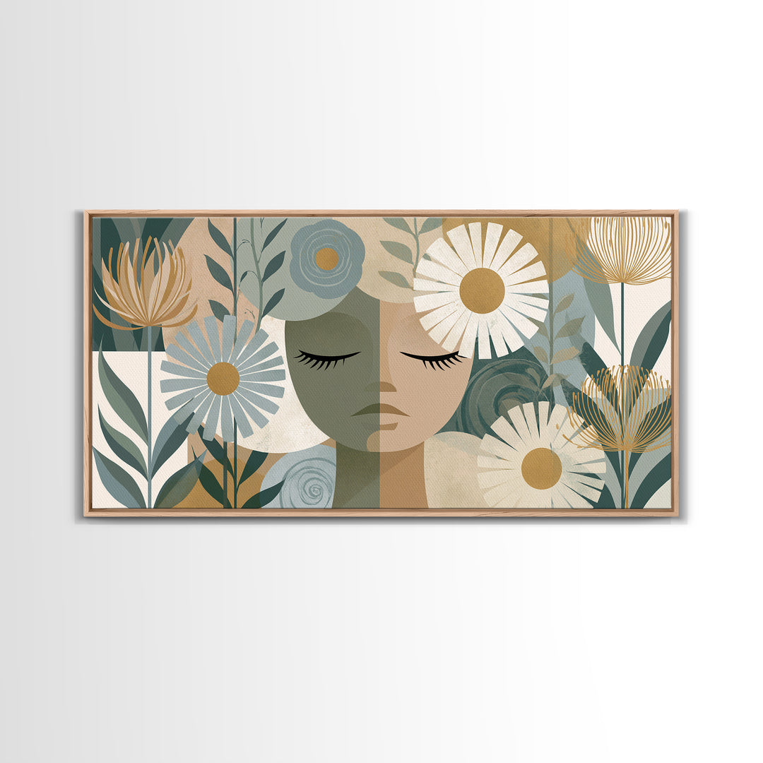 Minimal Face with Closed Eyes and Flowers Framed Canvas Print, Spa Art, Home Decor, Spa Decor, Fine Art, Serenity, Dog Wall Art, SPA-2x1-15