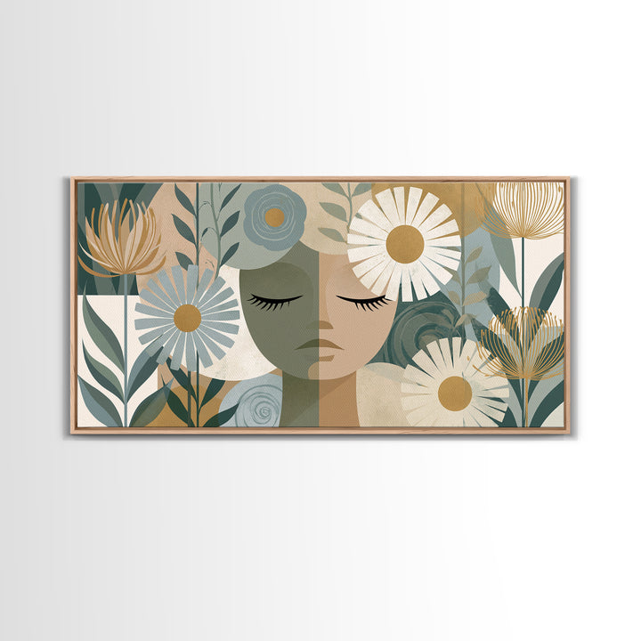 Minimal Face with Closed Eyes and Flowers Framed Canvas Print, Spa Art, Home Decor, Spa Decor, Fine Art, Serenity, Dog Wall Art, SPA-2x1-15